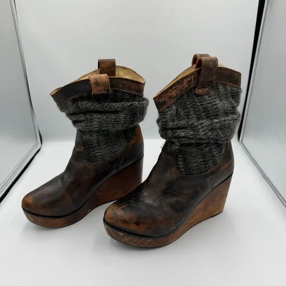 Bed Stu Leather Bruges Slouch Grey Knit Wedge Distressed Bohemian Moto Boot 8 - Picture 4 of 11